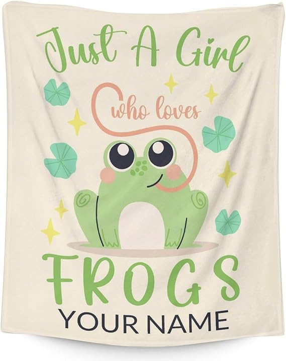 Personalized Frog Blanket Gifts with Name - 50x60 Inches Cute Throw for Girls - Green Soft Fuzzy Blankets for Bed, Couch & Living Room