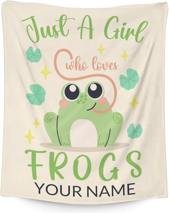 Personalized Frog Blanket Gifts with Name - 50x60 Inches Cute Throw for Girls - Green Soft Fuzzy Blankets for Bed, Couch & Living Room