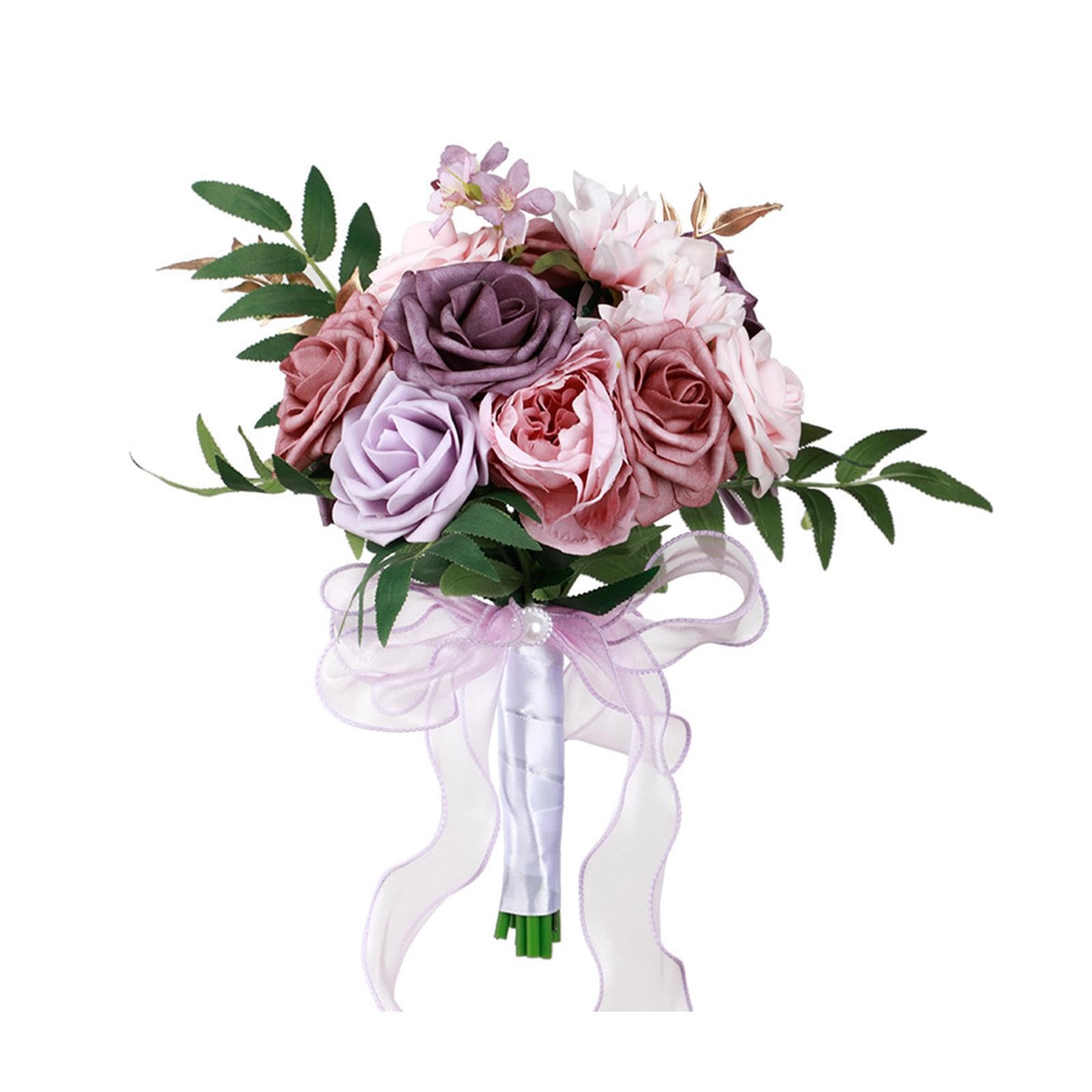 AMSLSIU Elegant Wedding Bridal Bouquets Holder Artificial Flowers Stunning Silk Hand Flower Bride Bouquet Bridal Bouquet Made Of Plastic Durable Church, Pink Violet, 29x22cm
