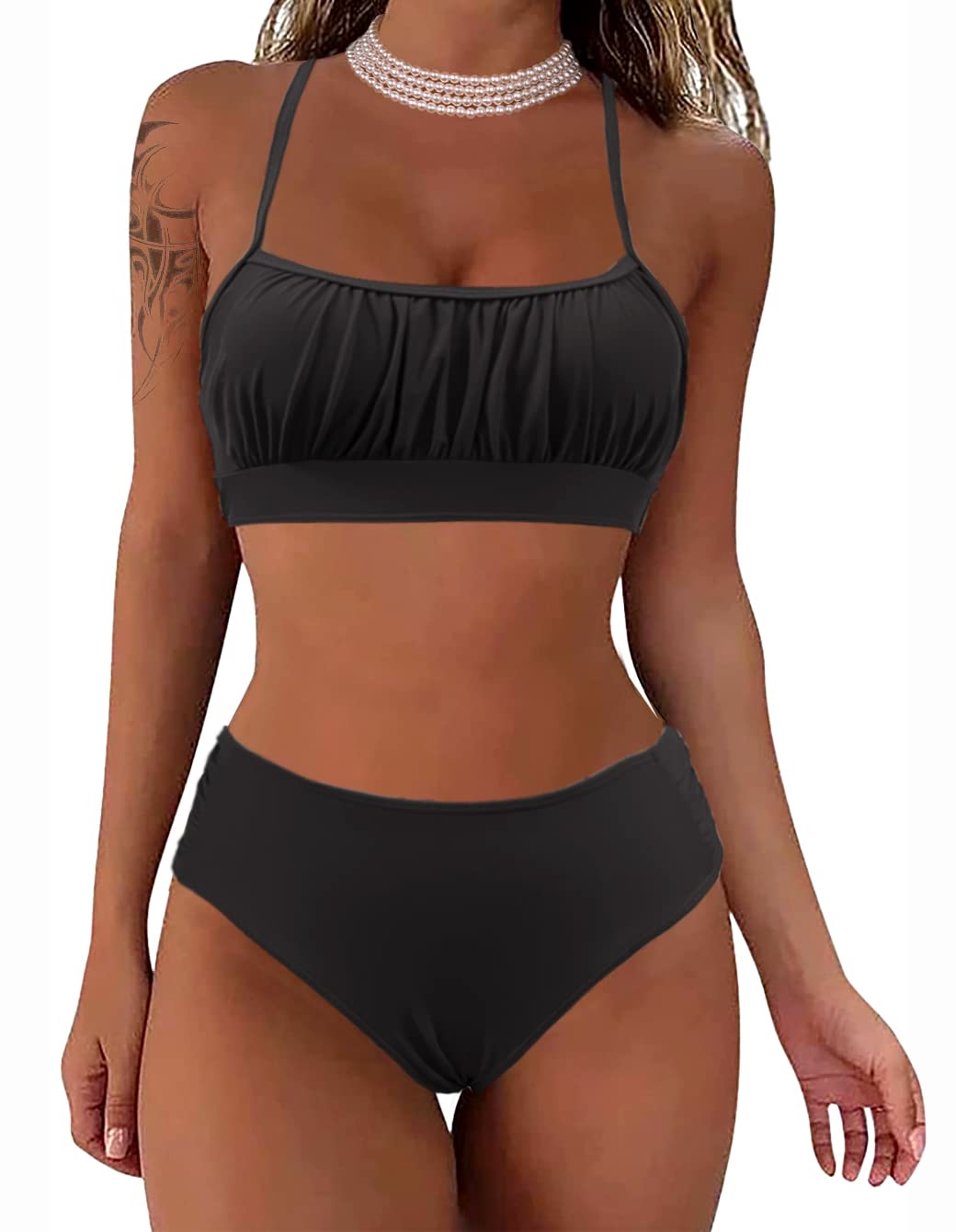 Costumi da Bagno per Donna a Due Pezzi Ruched Bandeau Bikini Set Regolabile Tracolla Costumi Donna Imbottito Push Up Bikini Top Sgambata a Vita Alta Fondo Beachwear Swimwear