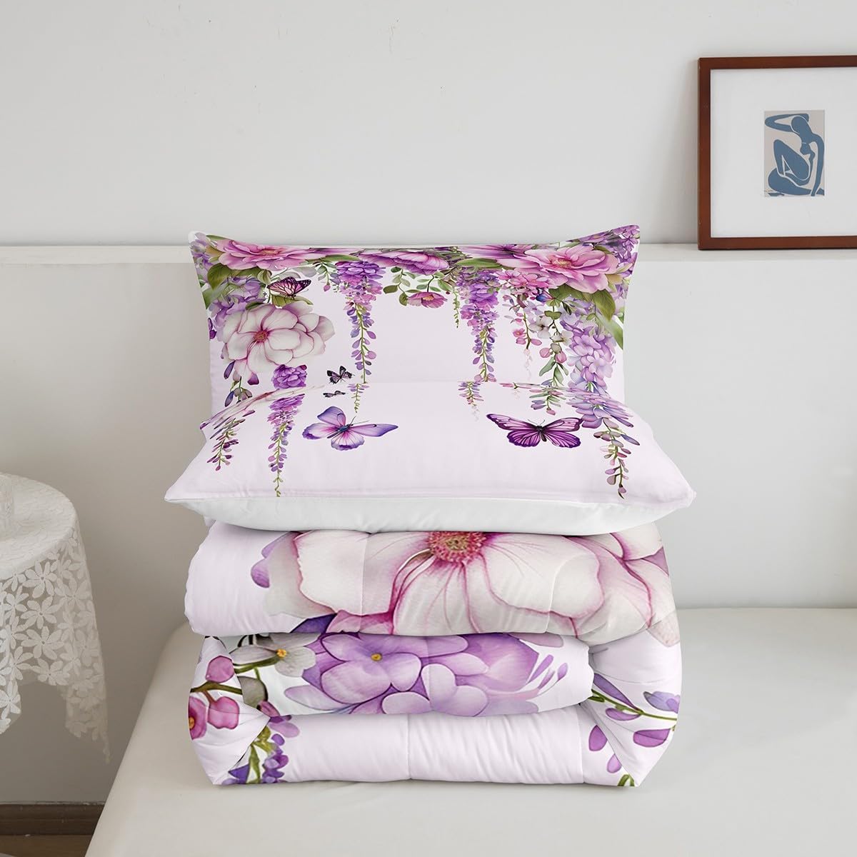 Feelyou Purple Violet Butterfly Comforter Set Queen for Girl Kid Adult Purple Butterfly Flowers Pattern Bedding Set Aesthetics Butterflies Quilt Bed Set Queen Size with 1 Comforter and 2 Pillowcases
