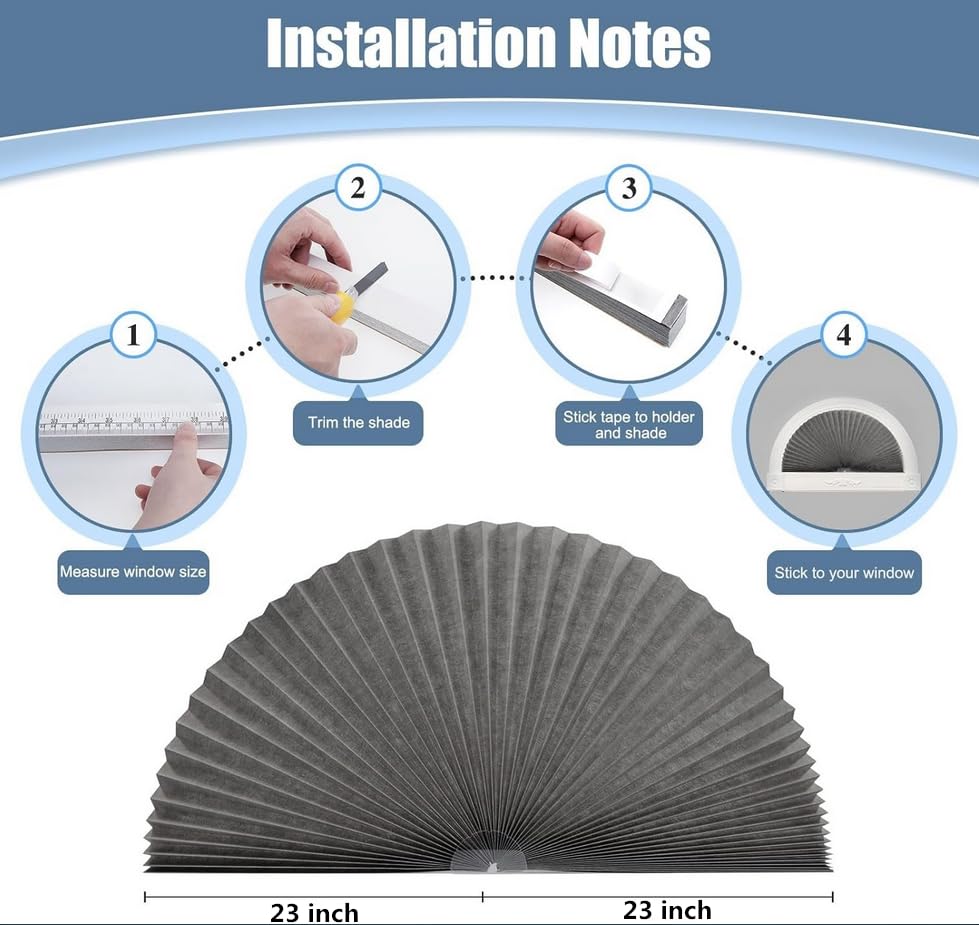 Arch Window Shade Light Filtering Pleated Shade Half Circle Self Adhesive Fabric Blinds Room Darkening Shades Stick on Easy Install Blinds Semi Circle Window Cover (1, Blue, 46