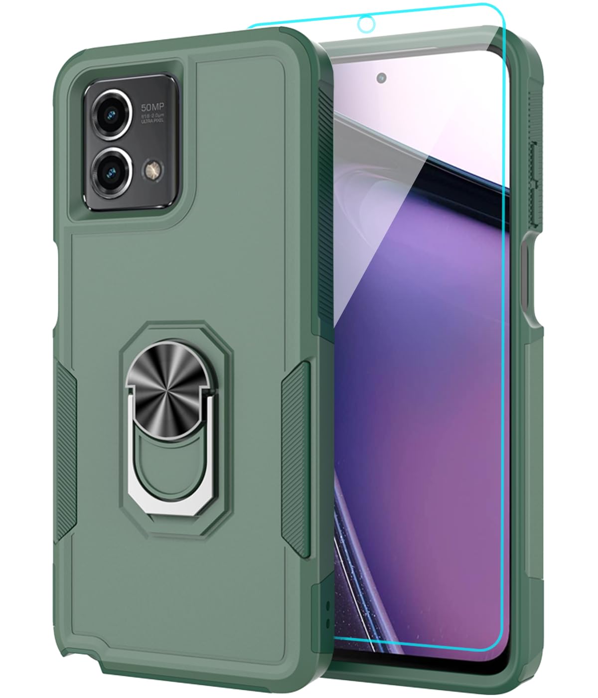 LEXNECfor Motorola G Stylus 5G 2023 Case with Tempered Glass Screen Protector,Heavy-Duty Tough Rugged Phone Case Cover with Ring Holder Kickstand for Moto G Stylus 5G 2023 (6.6", 2023) [Dark Green]