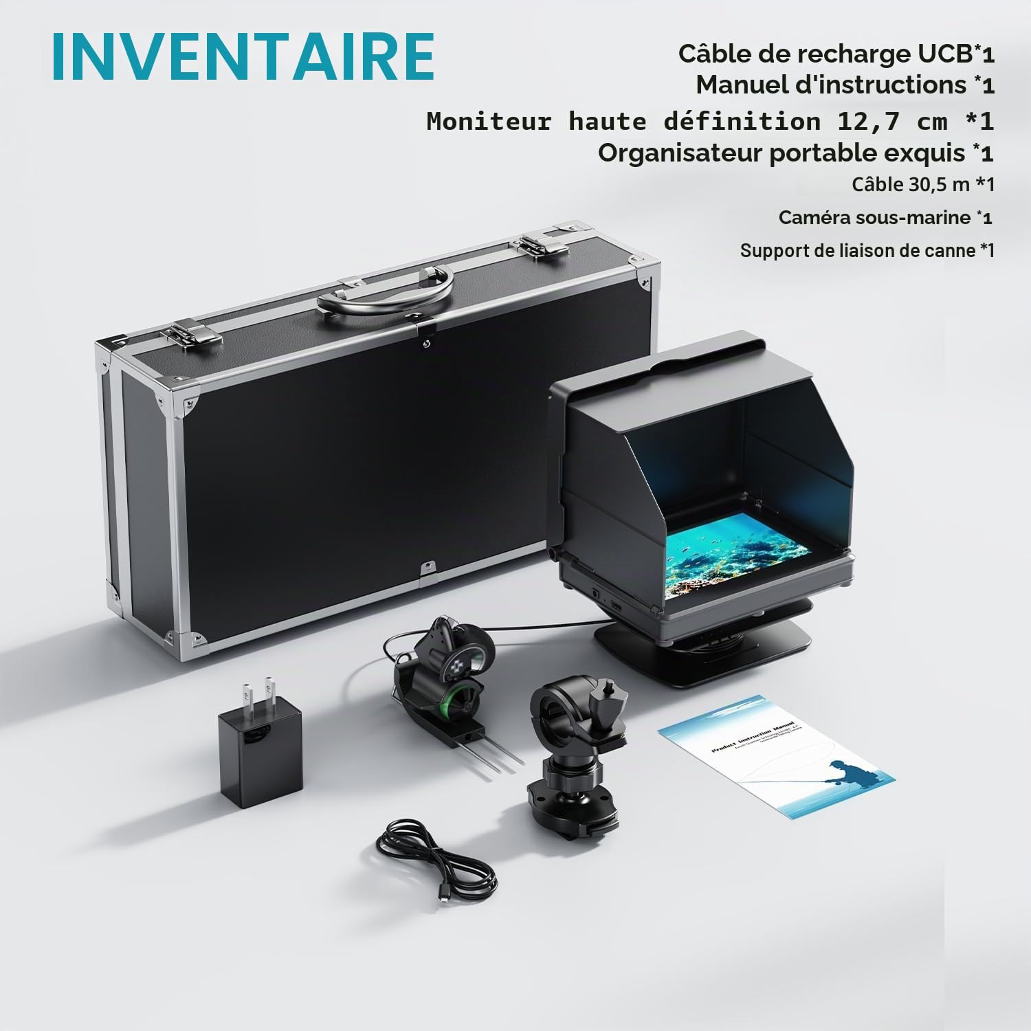 FourQ Sondeur Vidéo Pêche sous-Marine, Écran HD 5,0", Grand Angle 220°, Caméra Vision Nocturne IR, Câble Étanche 30m, 10000mAh, Idéal Pêche sur Glace, Lac, Bateau, Kayak