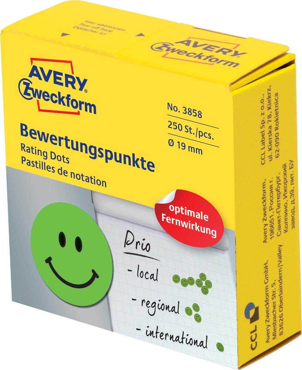 Avery España 3858- Adhesivos gratificación en rollo d.19mm, smile verde sonriente, adhesivo permanente, 250 etiquetas por rollo