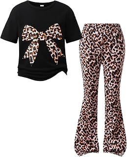 Tween Girls Cute Clothes Leopard Print Bow Top + Flared Pants Outfit Set 9-13 Years