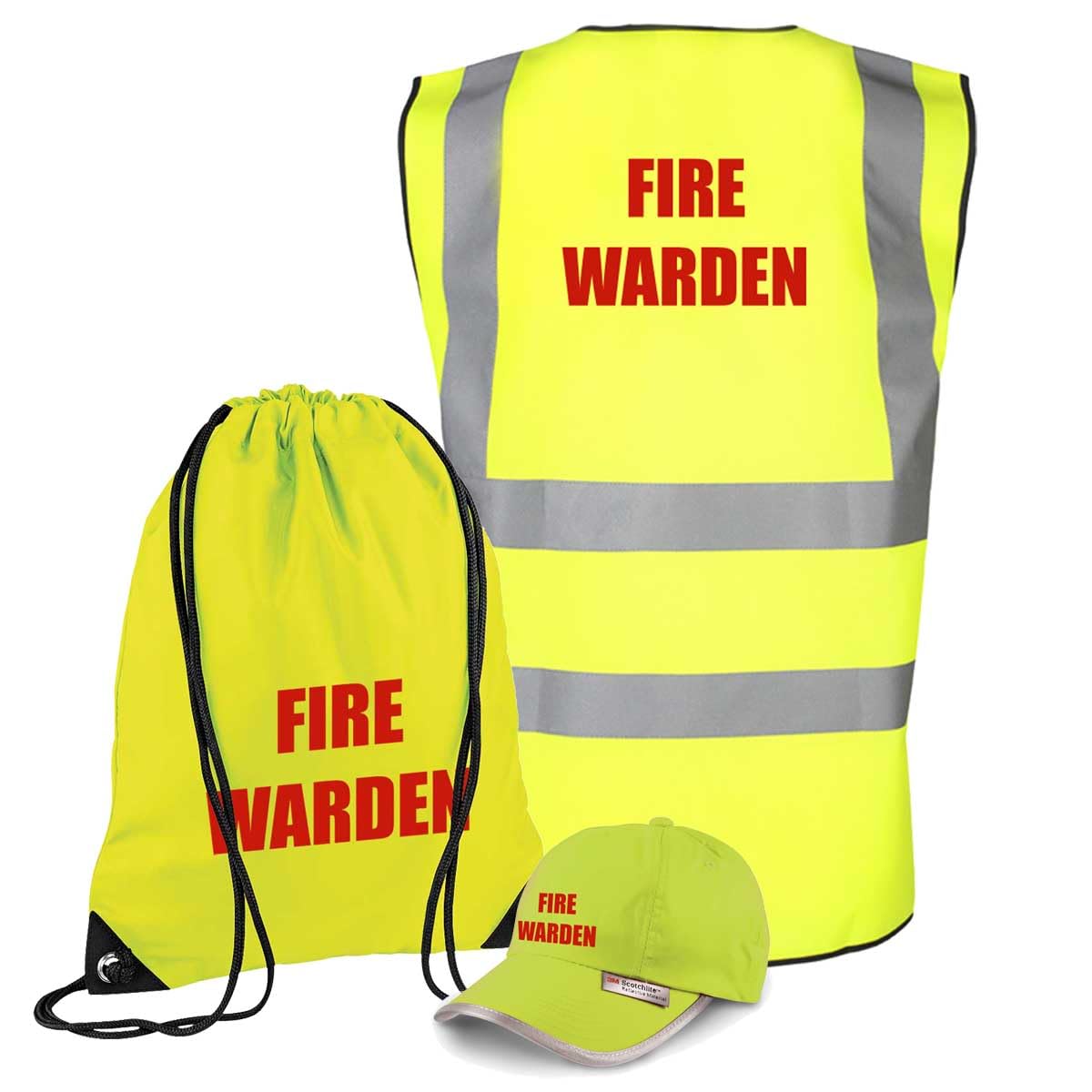 Workwear World Workplace Hi Vis 'Fire Warden' Safety Officer Kit - Printed Documents & Equipment Drawstring Grab Bag with Hi Visibility Printed Site Vest & Baseball Cap Hat (Medium)