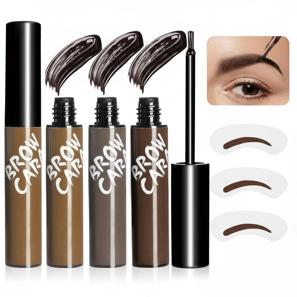 Peel Off Eyebrow Gel Tint, 3Pcs Brow Tattoo Tint, Long-Lasting Waterproof Makeup for Fuller, Defined Looking Brows, With Eyebrow Stencils