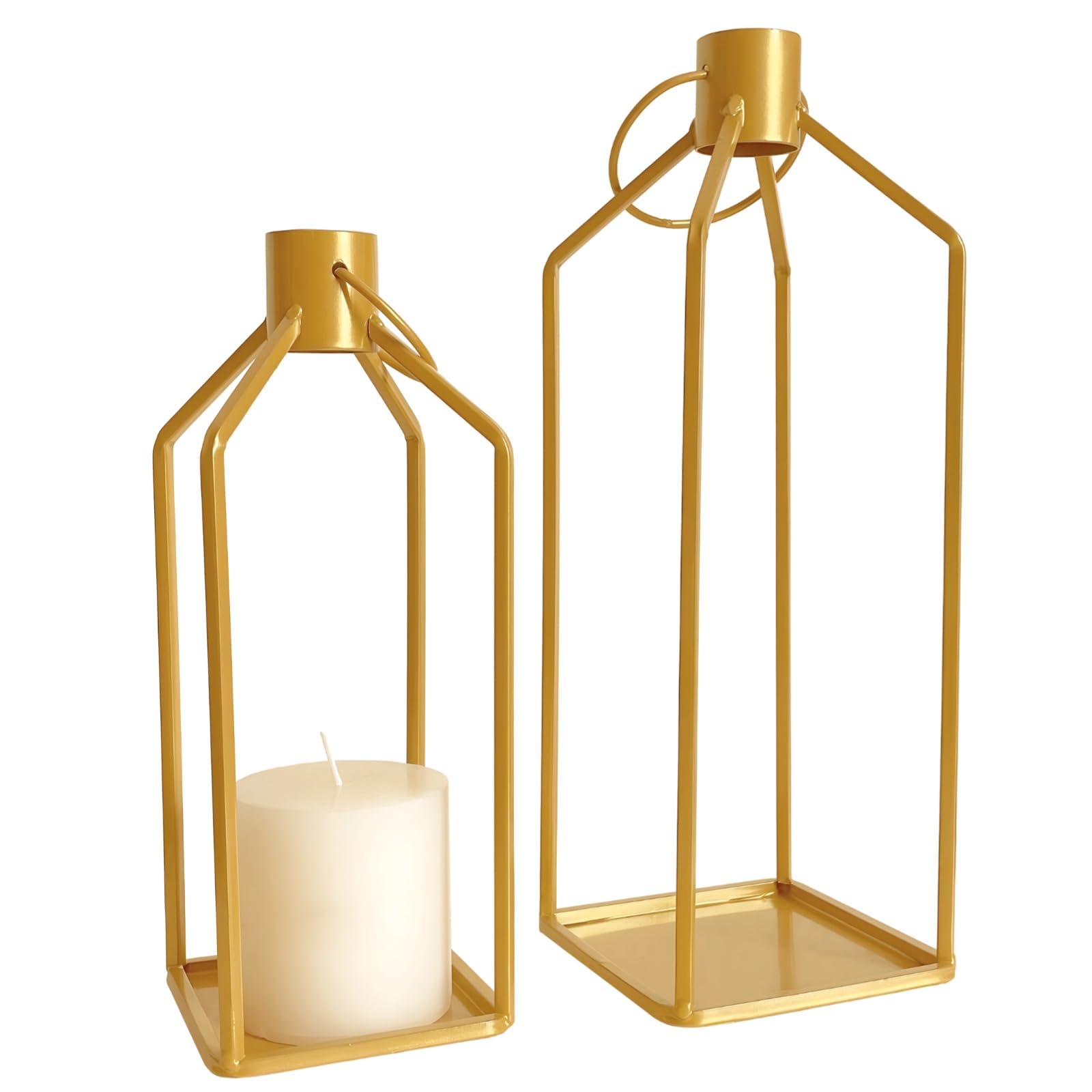 Large Outdoor Candle Lantern Set, 2 Pcs, Gold Iron Frame