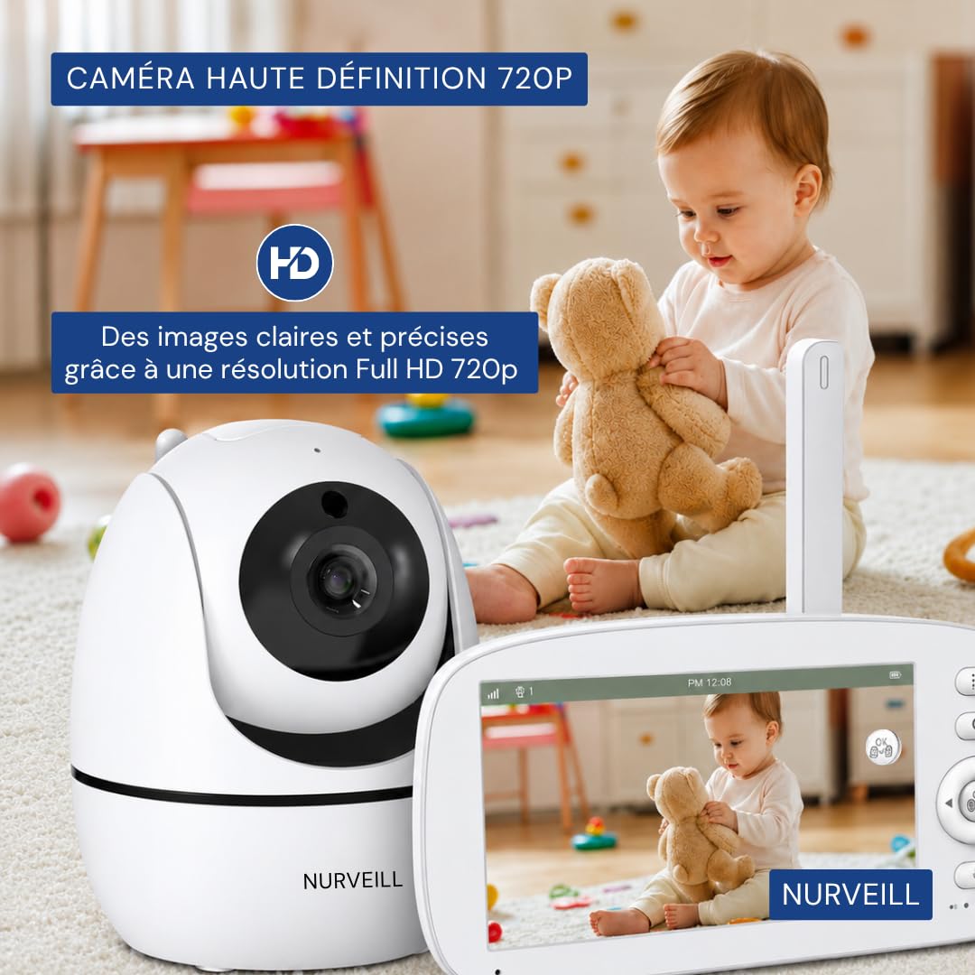 Babyphone Camera 360° Sans WIFI 5 Pouces HD Vision Nocturne Bruits blancs et Berceuses intégrées Détection VOX Audio Bidirectionnel Camera bebe Surveillance longue portée Moniteur Bébé Vidéo.