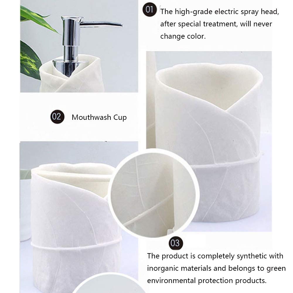 Estilo Moderno Blanco Juego de Accesorios de Baño de Resina Conjunto de Baño con Porta Cepillo de Dientes, 2 Tazas, Dispensador de Jabón Líquido, Jabonera, Diseño de la Hoja,with Tray