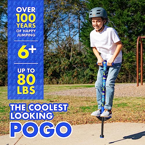 Image of Flybar Jolt Pogo Stick for Kids, Perfect for Beginners w /Foam-Covered Metal Frame, Handles & Padding, Non-Slip Foot Pads, Wide Tip, Outdoor Active Play Toy for Boys & Girls, Ages 6+, Geo