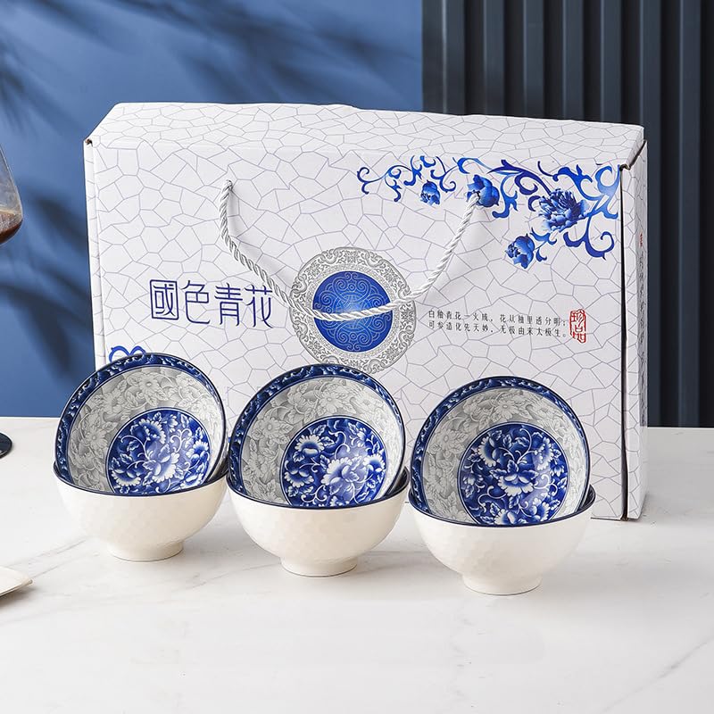 WITFAMILY【6er Set Blaue-Weiße Suppenschalen 12cm - Porzellan Schüssel Set Keramik, Geschirr für Müsli, Salat & Dessert, Mikrowelle & Spülmaschine sicher, Chinesisches Design - Geschenk