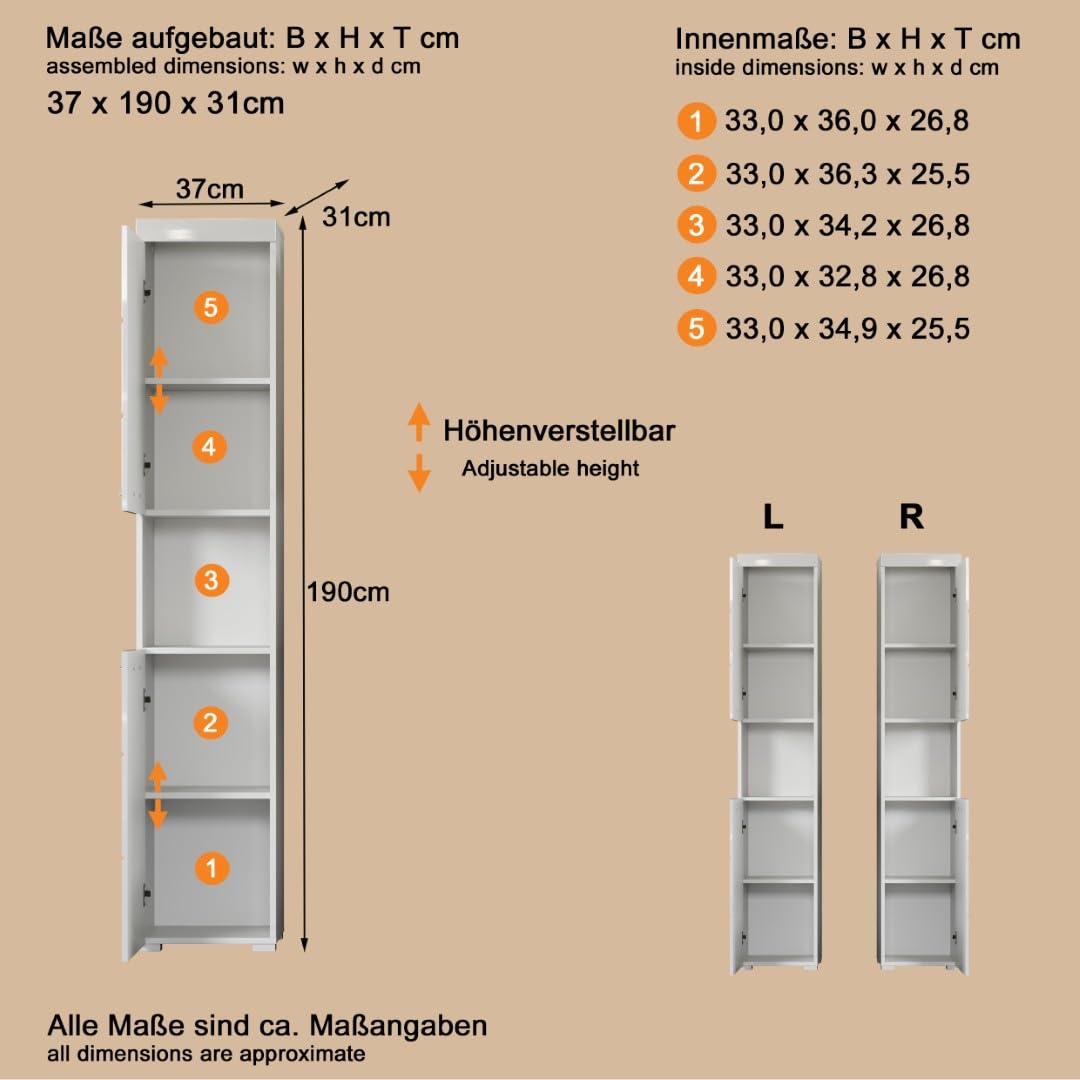 trendteam smart living - Amanda - Hochschrank - Weiß Hochglanz - Badezimmerschrank mit 2 verstellbaren Einlegeböden - (BxHxT) 37 x 190 x 31 cm - moderner Badschrank mit 4 Fächern und Einer Ablage