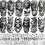 75 Sheets Skull Temporary Tattoos For Men Adults Forearm, Halloween Zeus God Lion Poseidon Half Arm Sleeve Tattoo For Women Jesus Christ Skeleton Dragon Owl, Realistic Fake Tattoo Stickers Wolf Tiger