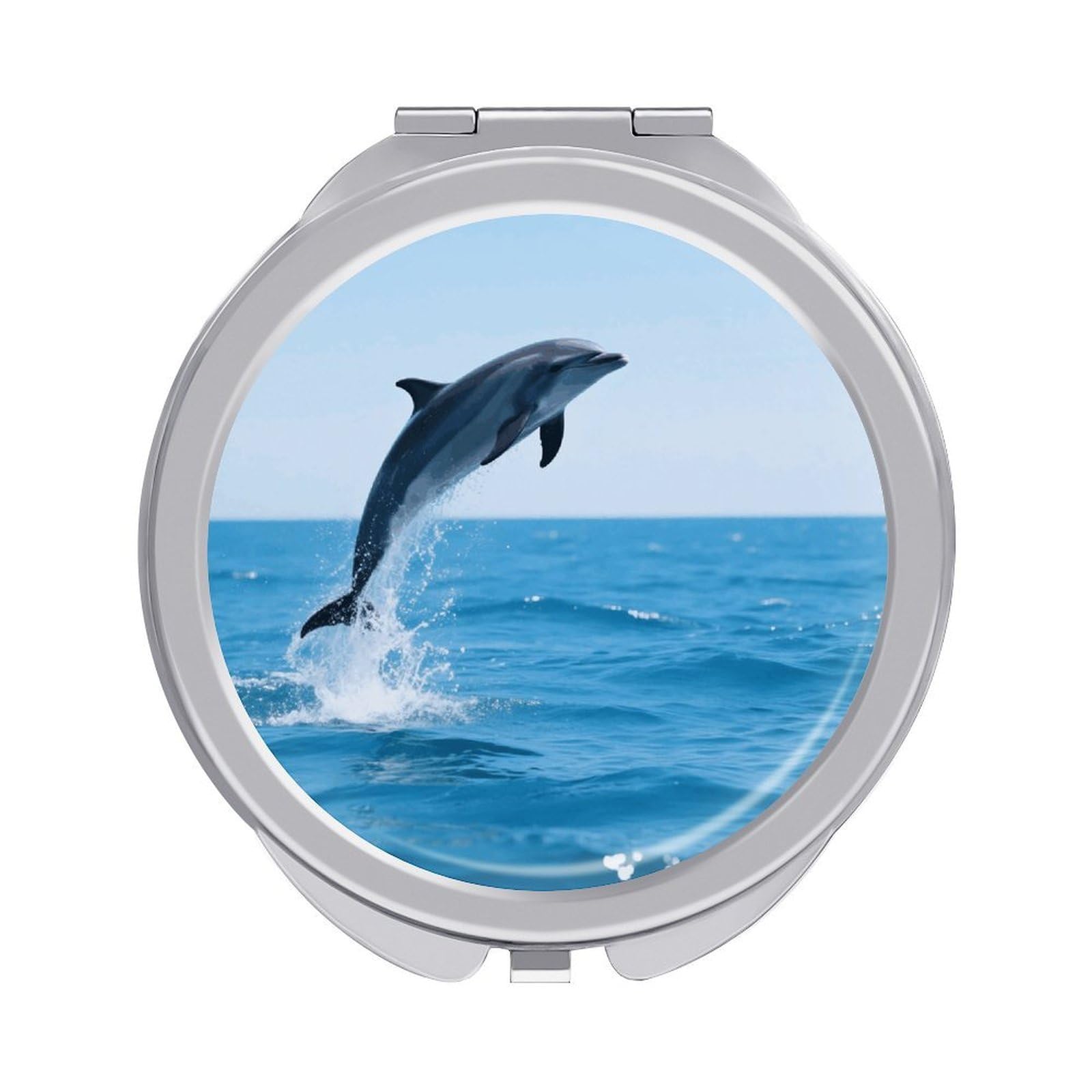 FodPand Compact Hand Mirror with 1x/2x Magnifying Round Travel Makeup Mirror Mini Foldable Dolphin Underwater Cosmetic Mirrors Travel Essentials Gift for Women Girl Portable for Pocket Purse -Silver