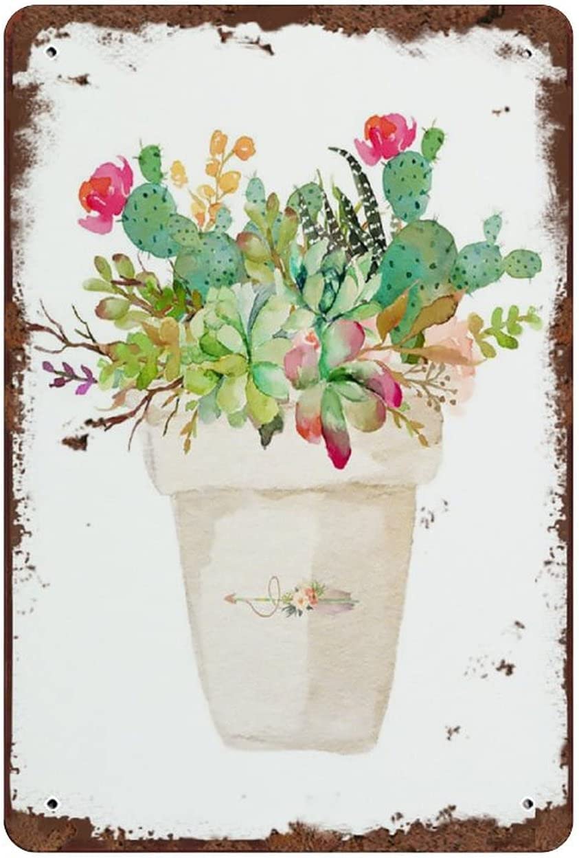Floral Succulent Bouquet Vintage Tin Sign Potted Cactus Wall Art Southwestern Floral Decor Signs for Kitchen Home Office Bar Cafe Decor 8x12 Inch