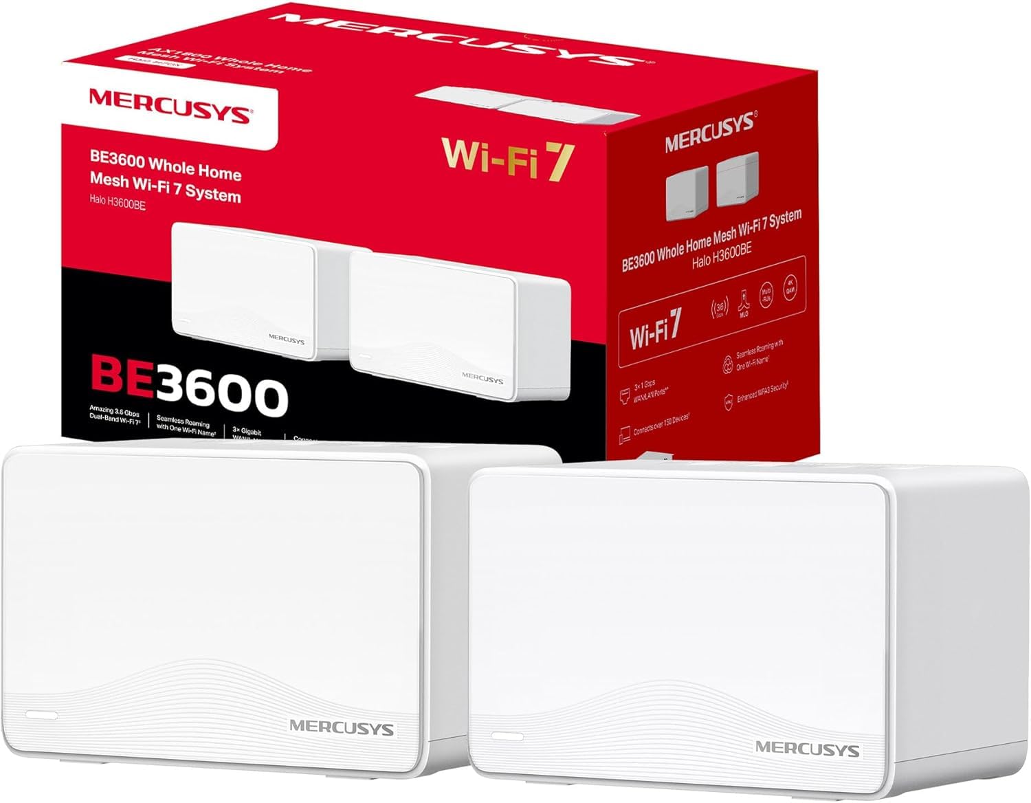 Mercusys Halo H3600BE (2-Pack) – Sistema Mesh WiFi 7 Dual Banda de 3,6 Gbps, Cobertura hasta 460 m², más de 150 Dispositivos, 3 Puertos Gigabit por Unidad