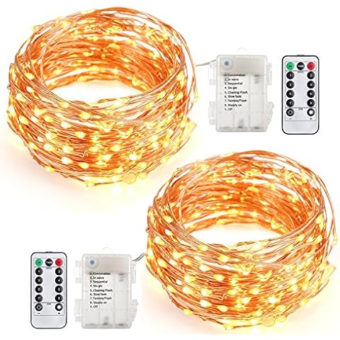 EAGWELL 2 Pack Fairy String Lights Battery Operated Waterproof 8 Modes 50 LED 16ft String Lights Copper Wire Firefly Lights Remote Control for DIY Wedding Party Dinner (Warm White) Cover