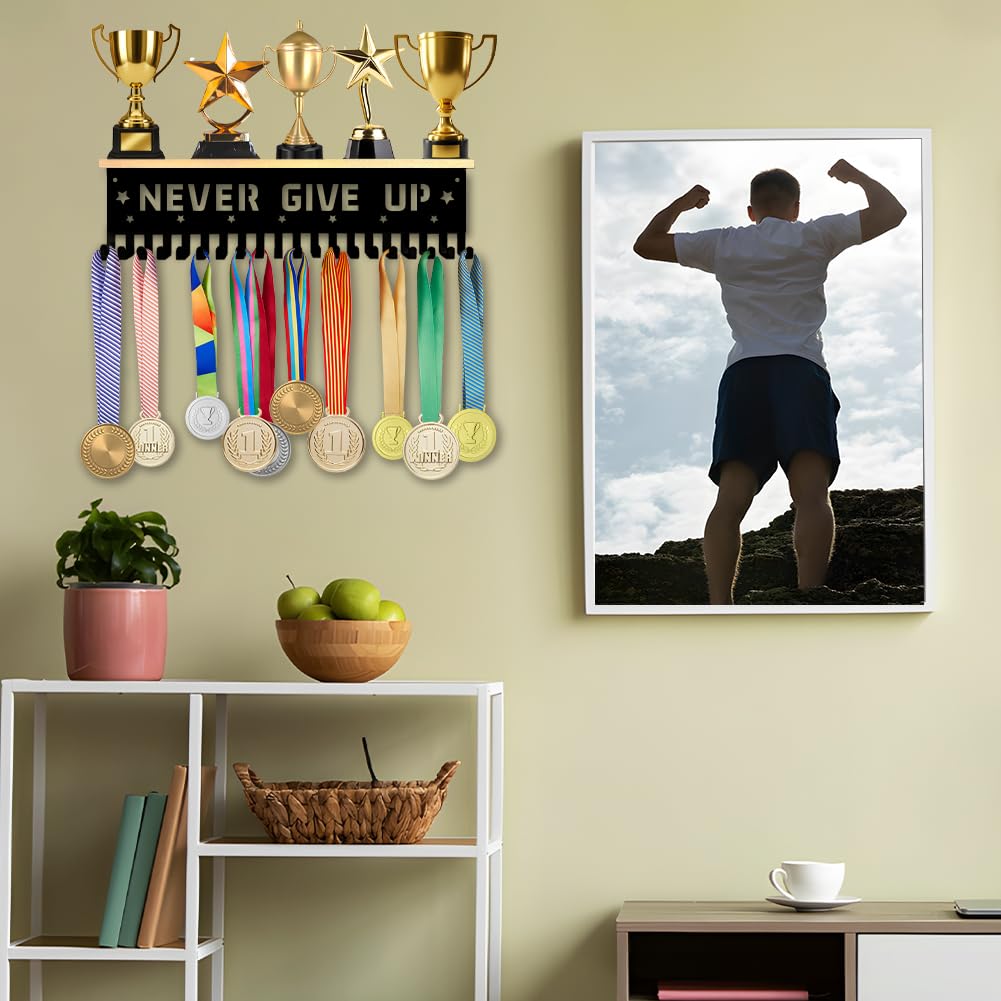 SUPERDANT Appendini per Medaglie Mensola Trofei in Legno Portamedaglie Metallico Display per Medaglie Appendimedaglie da Parete Portamedaglie Sportivi Portanastro