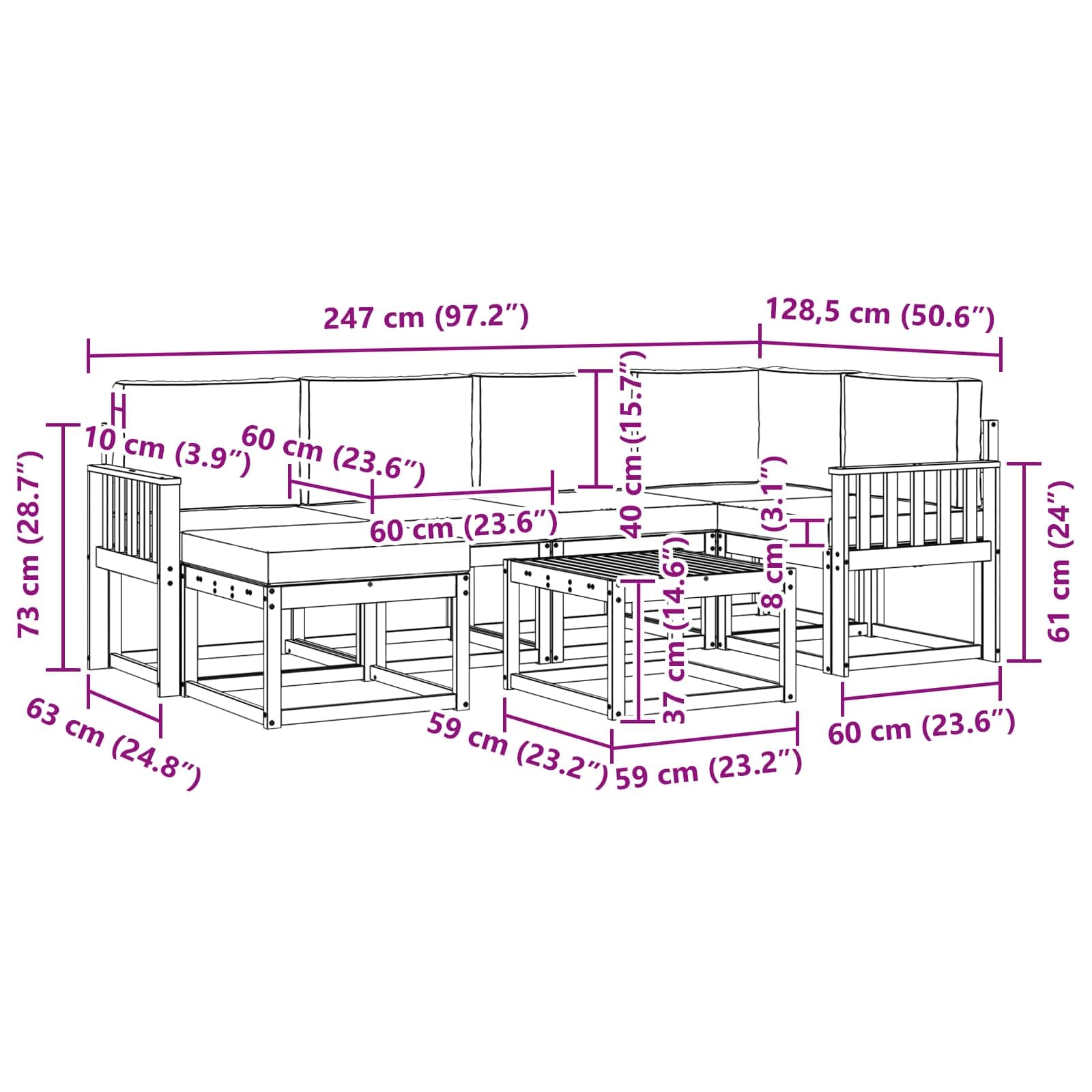 Gartenmöbelgarnitur 7-teilig aus massivem Akazienholz wetterfestes Design für Terrasse Balkon und Garten, inklusive Tisch, Hocker, Sofas, Sitzkissen und Rückenlehnen