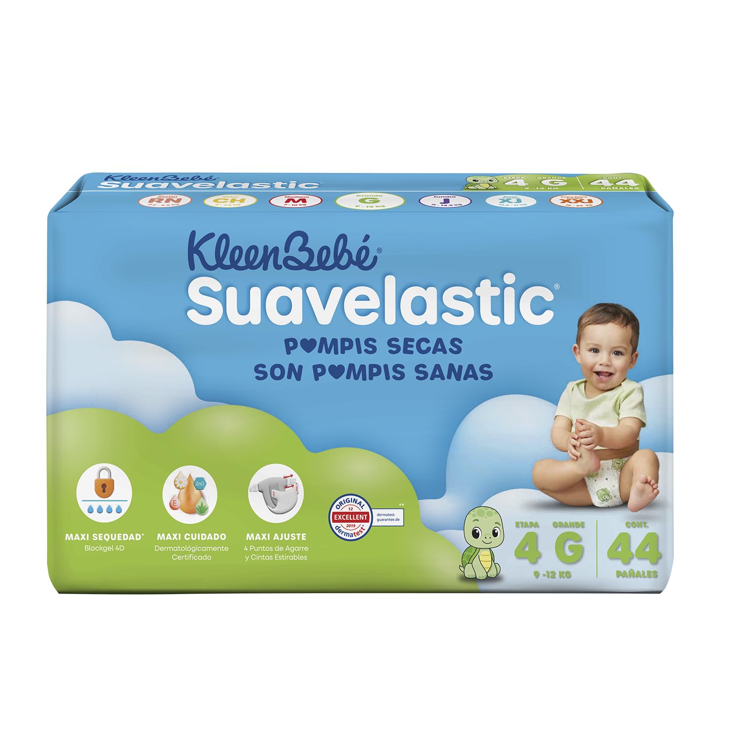 KleenBebé Suavelastic Pañal Desechable para Bebé, Talla Grande, Paquete con 44 Piezas, Ideal para Bebés de 9 a 12 kg