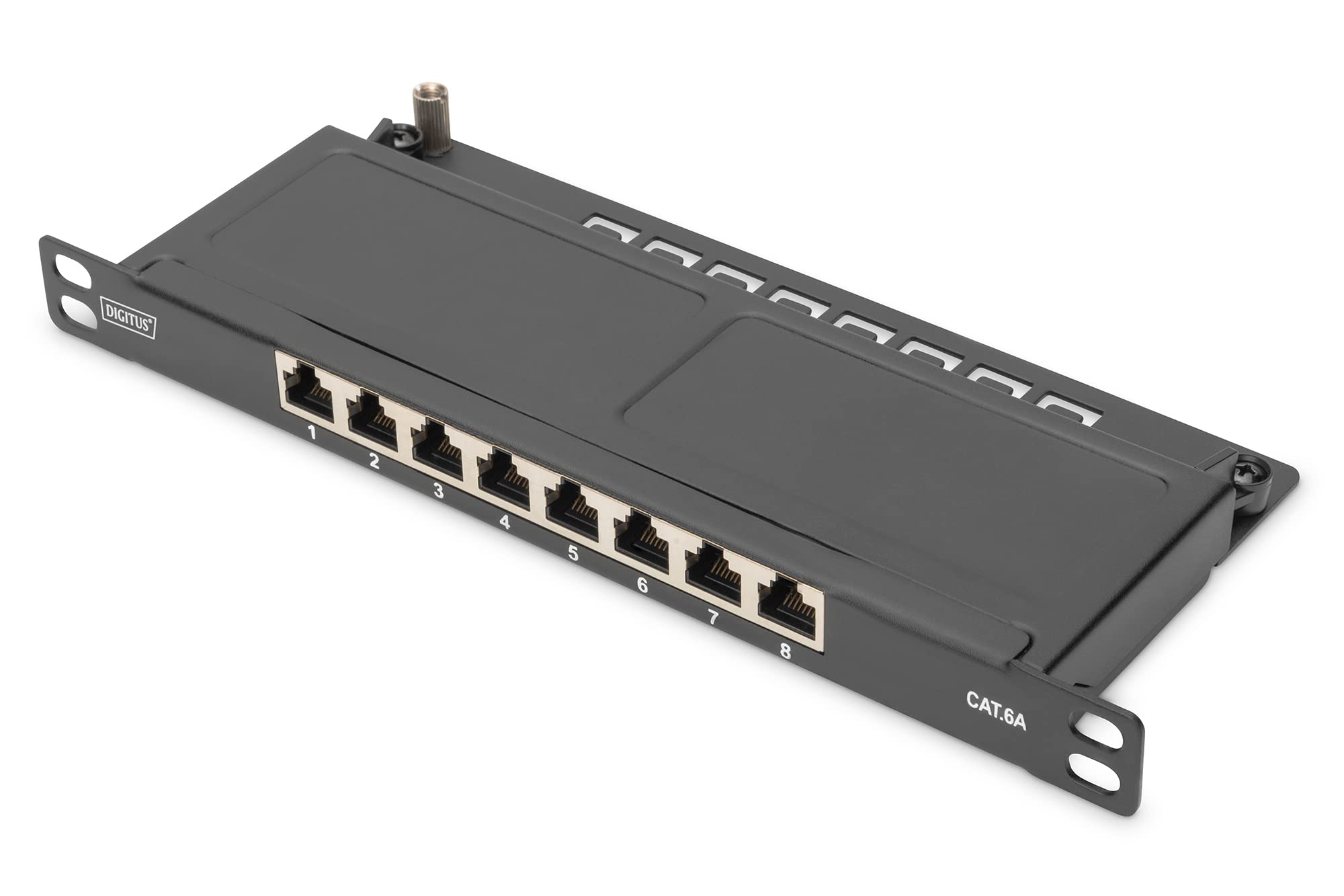DIGITUS Panel de conexión Cat-6A - 8 Puertos - Montaje en Rack de 10 Pulgadas 0,5 U - Blindado - Conectores RJ45-10GBase-T - Panel de distribución LSA - Negro