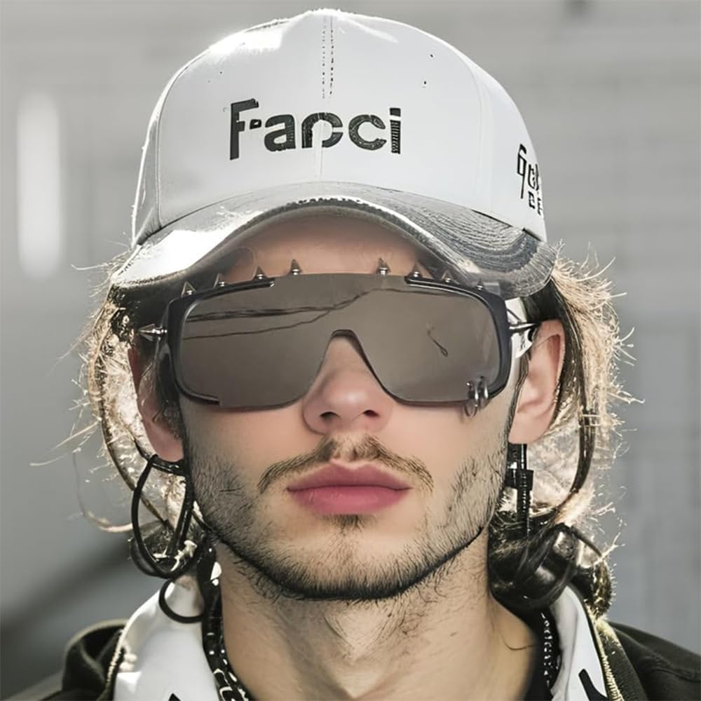 Junsika Oversized Shield Spike Glasses Goth Punk Style Metal Studded Sunglasses - Image 7