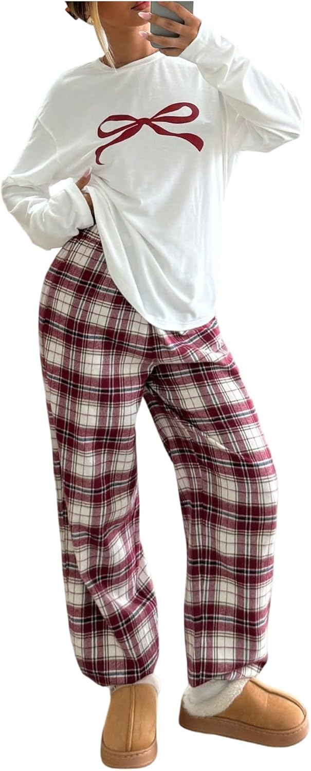 GORGLITTER Women's Bow Checkered Pajama Loungewear Set Outfits Long Sleeve Tops and High Waist Wide Leg Baggy Sweatpant