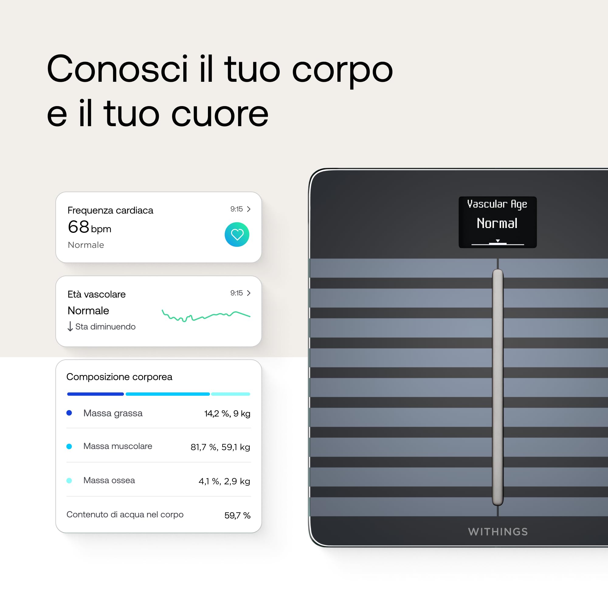 Withings Body Cardio - bilancia intelligente Wi-Fi con analisi della composizione corporea, monitoraggio della salute cardiaca, età vascolare, IMC, massa grassa, muscolare e ossea, % acqua - Nero