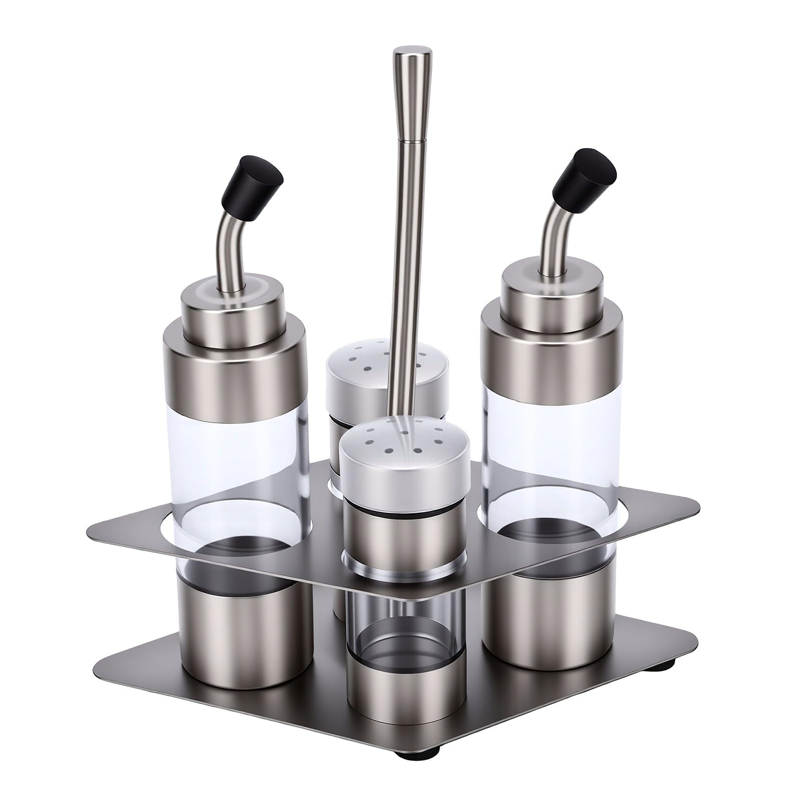 Jiawu Set di Bottiglie per Condimenti in Acciaio Inossidabile con Base, Contenitore per Olio, Aceto e Sale, Set di Barattoli per Condimenti Bottiglie per Trasparenti per
