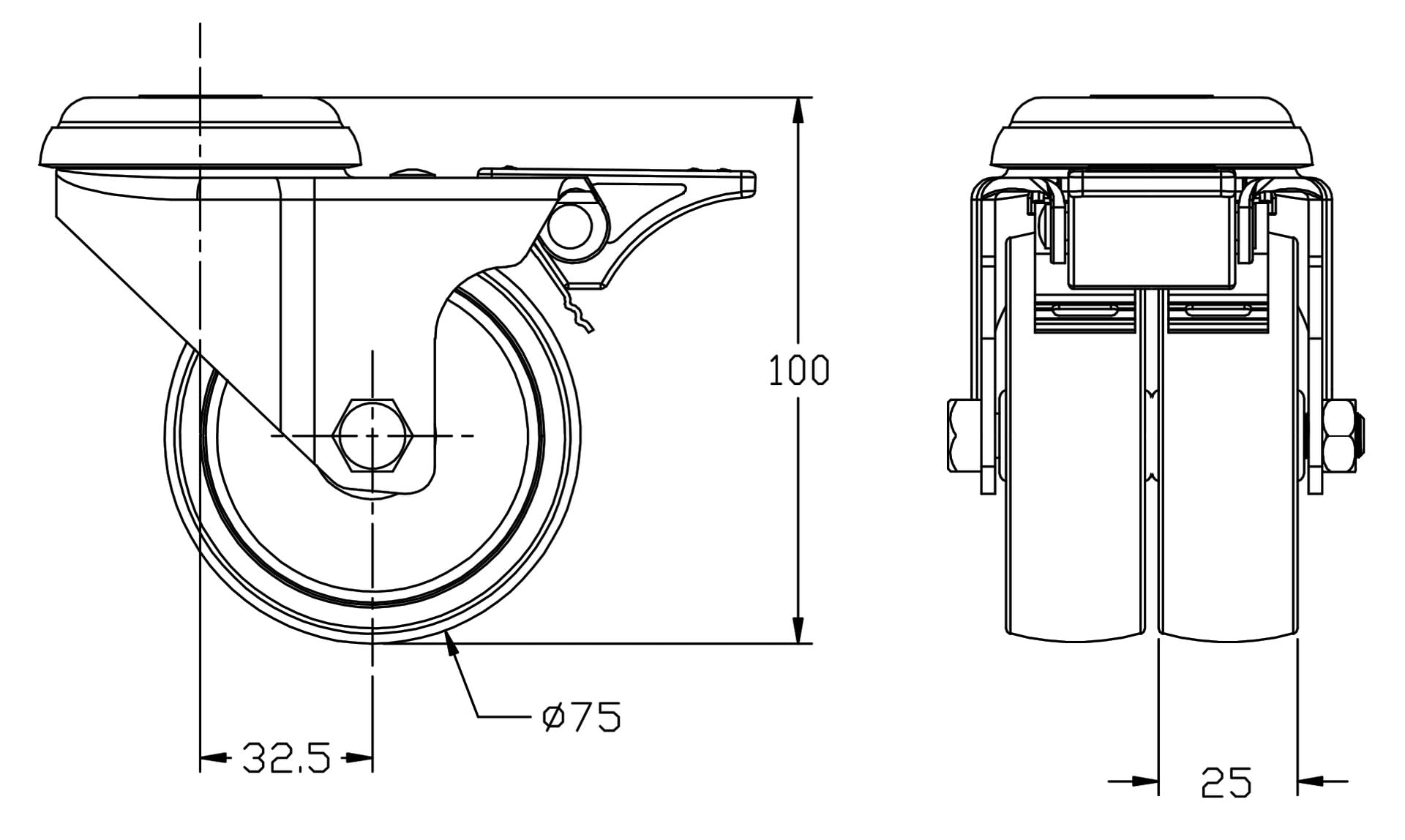 Ruote gemelle da 75 mm in gomma grigia girevoli e freno, capacità 400 kg, set da 4