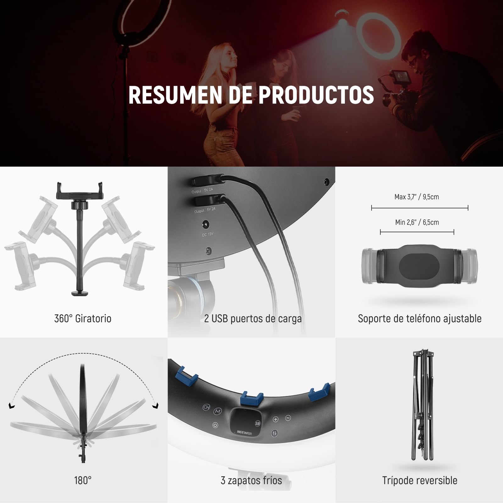 NEEWER 19" Anillo de Luz LED RGB con Soporte, 3 Soportes para Teléfono, Panel Táctil, 2.4G/App Control, 42W CRI97+ 2800lux/0.5m 360° Hue Regulable Iluminación para Transmisión en Vivo Zoom, RP19C