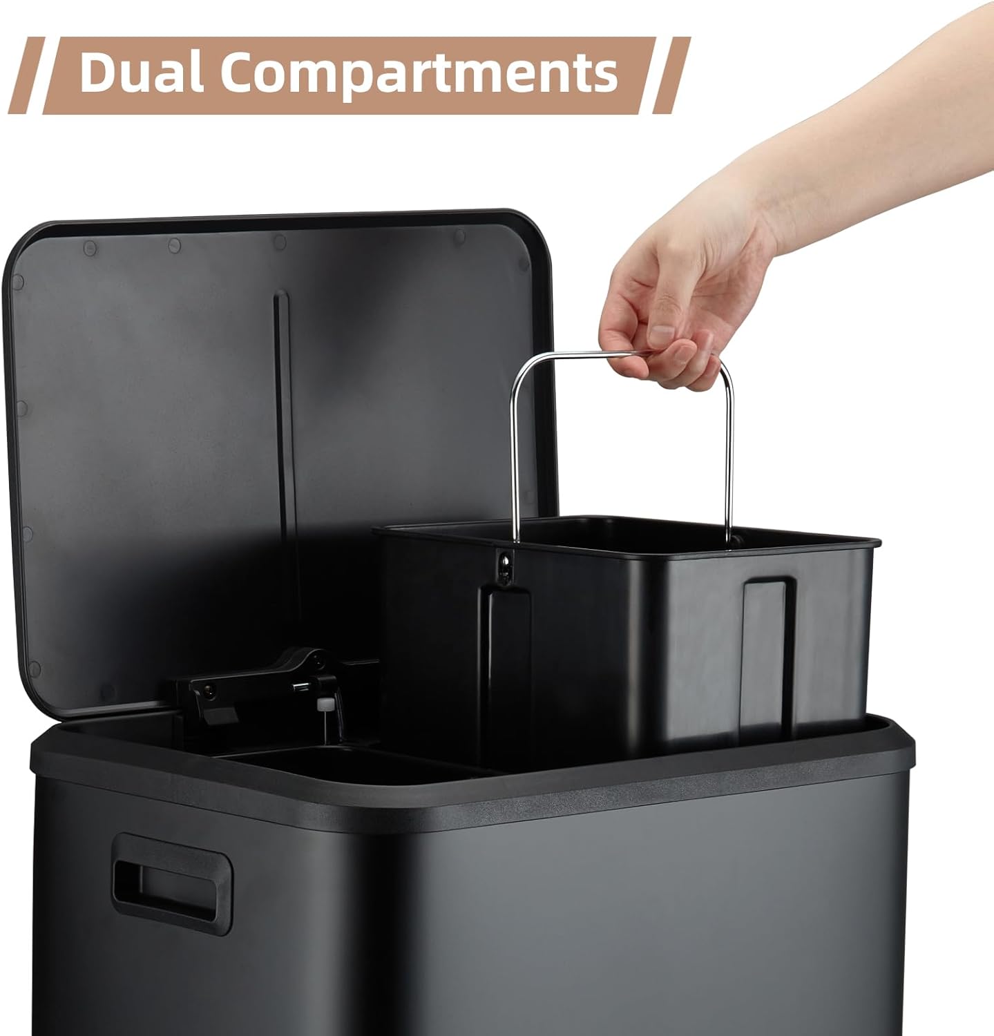 GlowSol Black Kitchen Dual Step Trash Can & Recycle Bin with Soft Close Lid, Touchless Trash Can with Foot Pedal and Inner Bucket, Garbage Bin Kitchen - 8 Gall