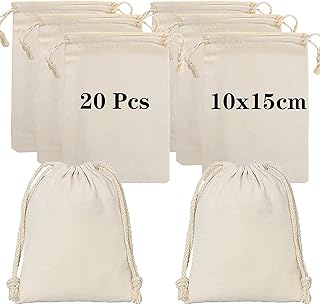 Lanjue 20 Pack Cotton Muslin Bags, White 10x15cm Drawstring Gift Bags Breathable Pouches Reusable Packing Storage for Wedding Party Festival