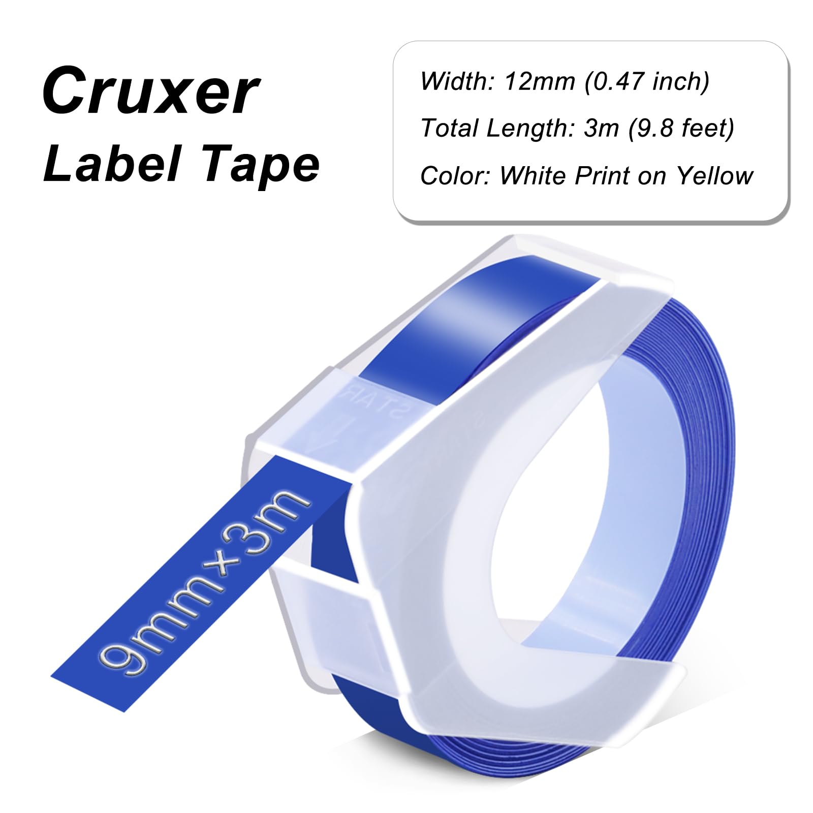 Cruxer Pack de 30 cintas de repujado compatibles con Dymo 3D S0898140 520106, 9 mm x 3 m, cinta de escritura de repuesto para 814580 1595GY 18577 20008CP Motex E-101 E-303