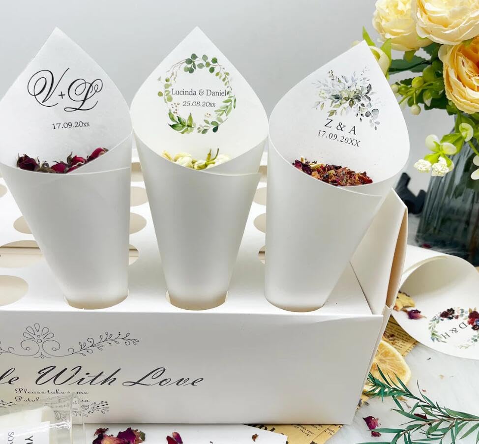 25pcs Personalized Wedding Confetti Cones, White...
