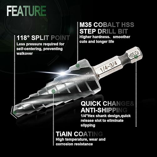 Miniatura 3 de Brocas escalonadas M35-2 piezas de 14 a 34 pulgadas, cuatro espirales de cobalto, vástago de cambio rápido de 14 pulgadas, vástago hexagonal, brocas