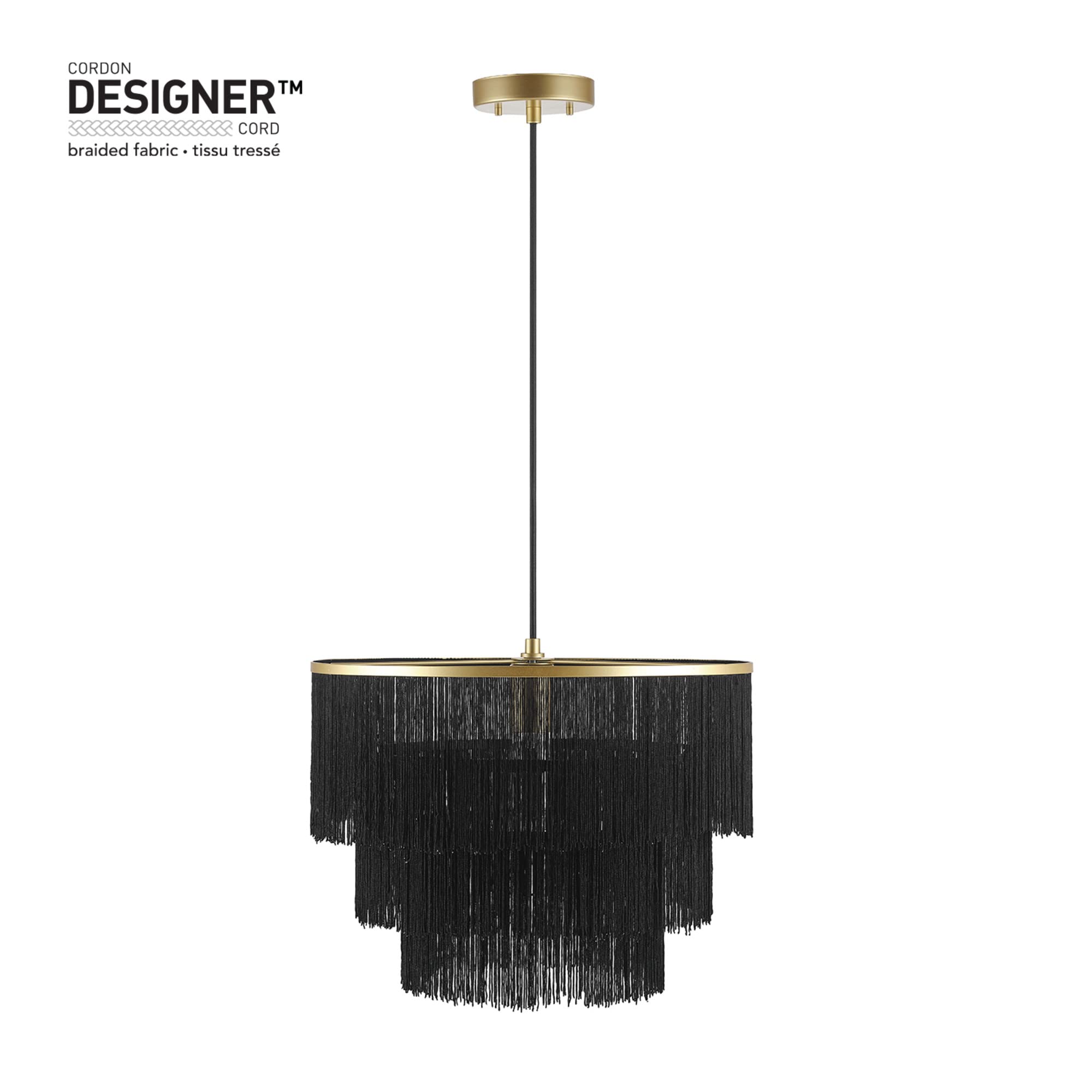 Globe Electric 44845 Willow 1-Light Pendant Light, Matte Gold, Black Fabric Fringe Shade, Black Cloth Hanging Cord