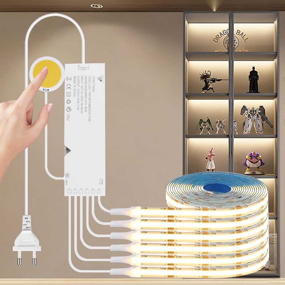 Aohcae Taśma LED 12 V COB, 6 rolek 1 m taśmy LED, panele akustyczne LED, dotykowe i ręczne przełączniki ściemniania do szafy, witryny, kuchni, regału i oświetlenia regału