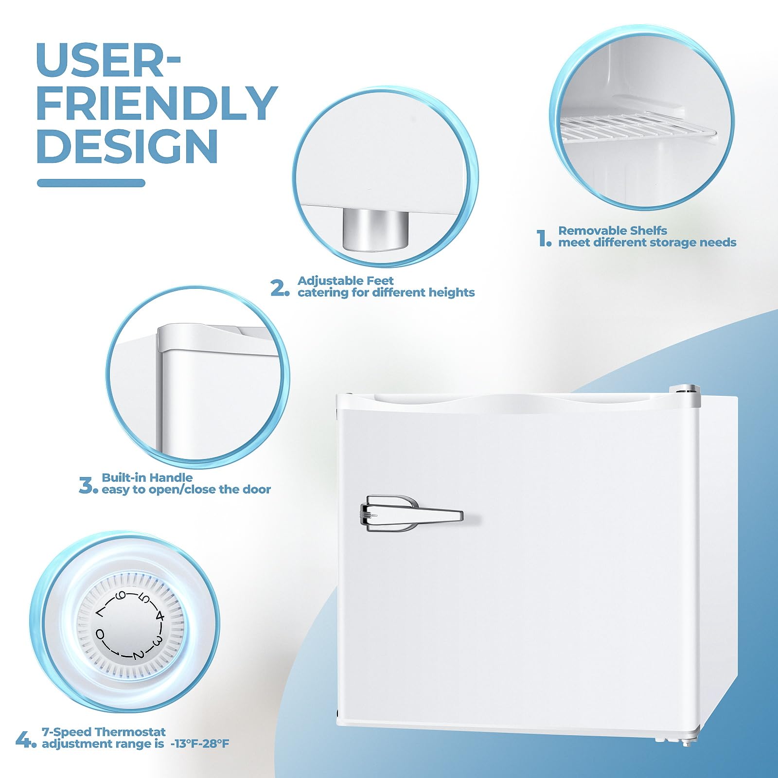 Electactic 1.2 Cu.Ft Mini Freezer, Small Upright Freezer With Removable Shelf & 7 Adjustable Temperature Control, Energy Saving, Low Noise For Bedroom, Apartment, Home, Office, White on Fridge.com - View 5
