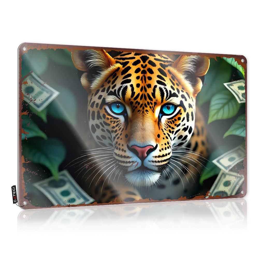 Fzfn Boys Colour Jaguar In The Jungle: A Vibrant Portrait With Dollar Bills Funny Vintage Signs Summer | New Soft Area Decorative Wall Art(20X30cm)