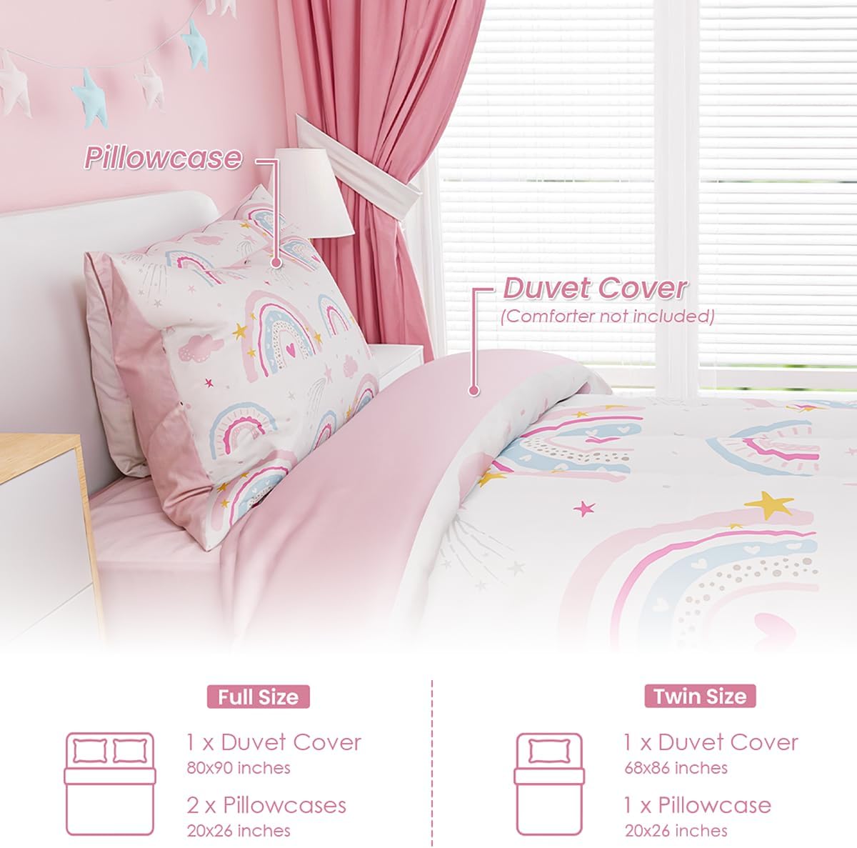 SANDJEST Rainbow Duvet Cover Sets Twin Size for Kids Girls, Include 1 Polyester Comforter Cover 68x86 Inches and 1 Pillowcase 20x26 Inches, Comforter Not Included, Gift for Christmas Birthday