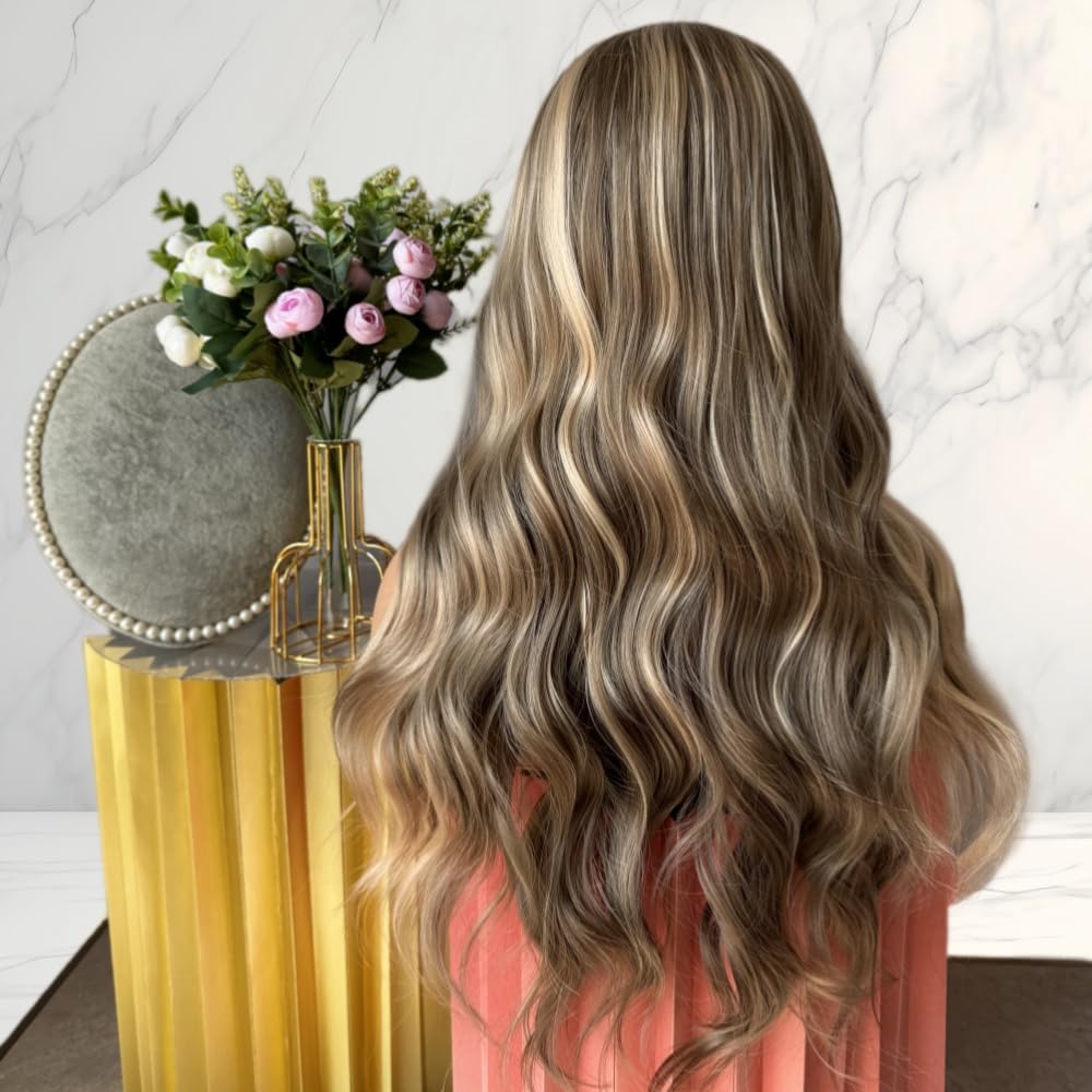 Body Wave Ombre Highlight Blonde Lace Front Wigs with Baby Hair Pre plucked #26/613 Blonde Balayage Long Wavy Synthetic Wigs for Black Women Heat Resistant Fiber Soft as Human Hair