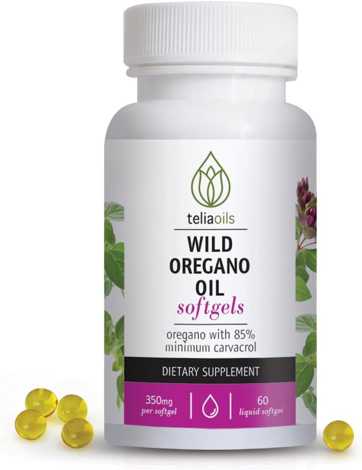 Teliaoils Wild Oregano Oil Softgels, Oregano Oil Capsules, Wild-Harvested Oregano Oil Capsules with 85% Carvacrol, 350mg Pure Oil, 60 Softgels