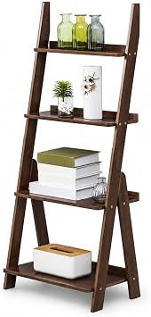 Maydear Bamboo Ladder Shelf Bookcase, 4-Tier Leaning Bookshelf Free Standing Organizer Storage Shelves for Living Room, Bedroom, Kitchen, Home Office, Balcony Dark Walnut