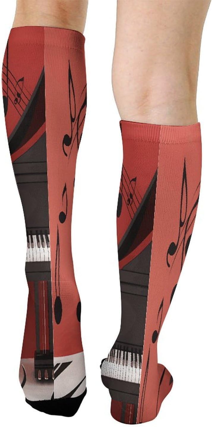 Music Note Piano Compression Sock Circulation Support Socks Lightweight Knee High Tube Sock Over-The-Calf Sock for Adult
