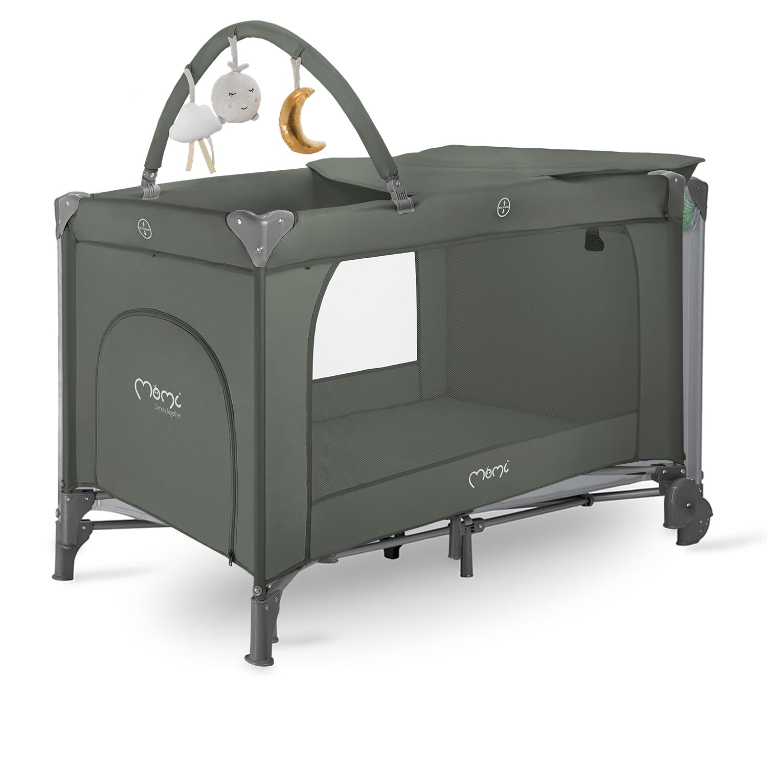 Momi Lettino da viaggio BELOVE PLUS 2 in 1, pieghevole, 2 posizioni per neonati fino a 9 kg e bambini fino a 15 kg, con materasso, arco con giocattoli, fasciatoio e borsa per il trasporto