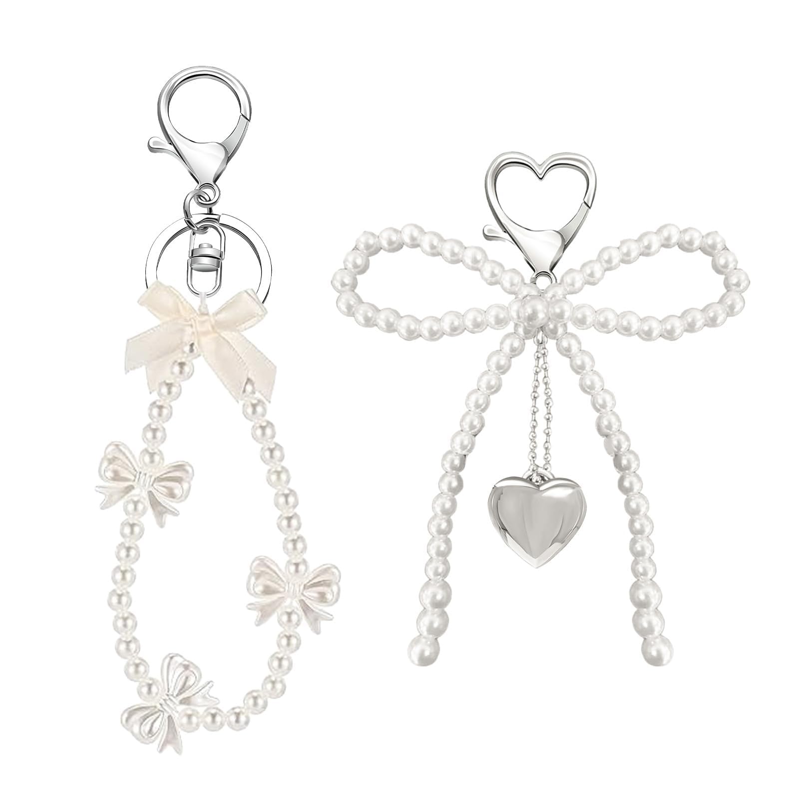 Lilbitty -Pack of 2 Cute Bow Pearl Keychains for Women, Fashion Key Ring for Bag and Car, Gold Charms Pendant