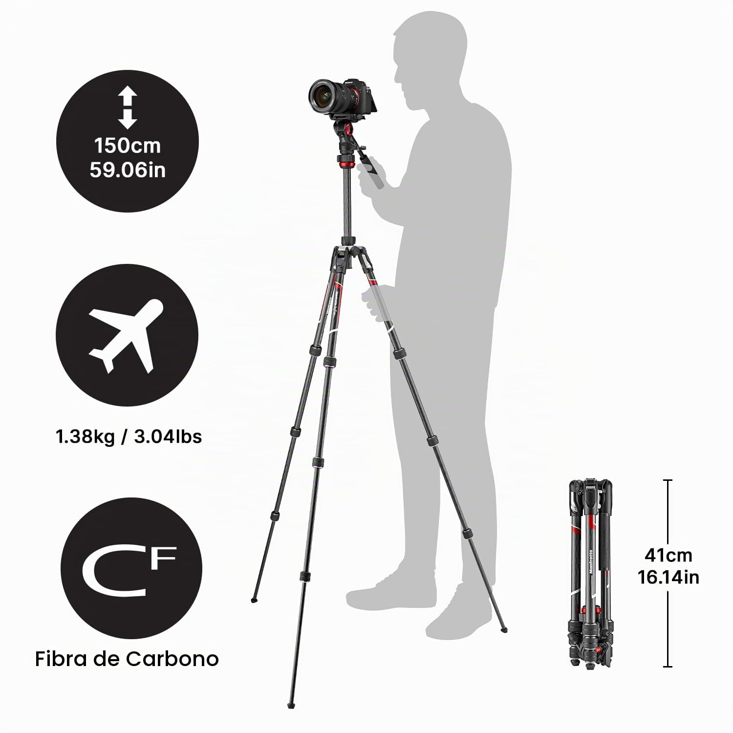 Manfrotto MVKBFRTC-LIVE Manfrotto befree Live Kit Twist Carbon con Fluid de Cabezal de vídeo, Blanco/Rojo
